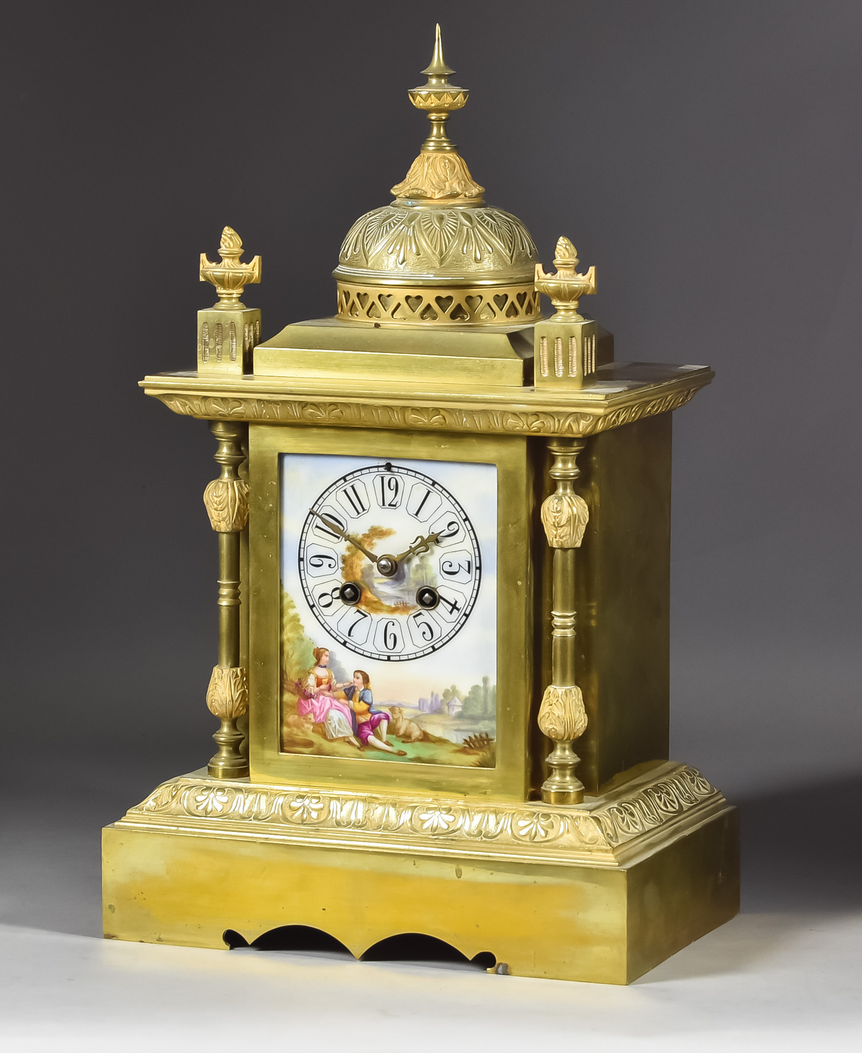 A Late 19th Century French Brass and Porcelain Cased Mantel Clock, No.23617, the porcelain dial with