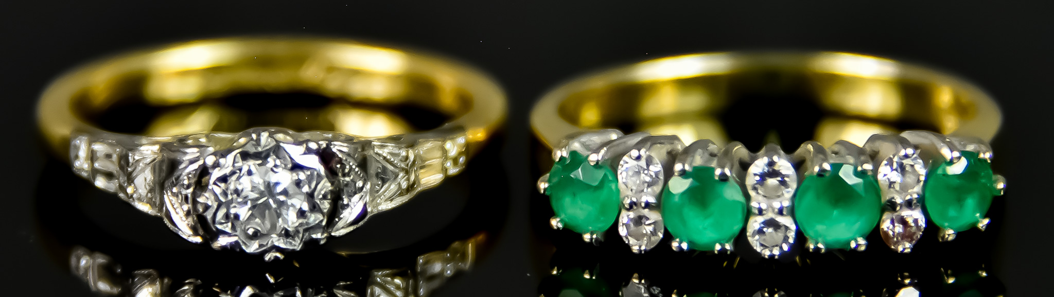 Two 18ct Gold Gem Set Rings, 20th Century, one set with four emerald stone, each approximately .