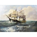 19th Century School - Oil painting - Marine scene with three-masted ship in full sail in choppy