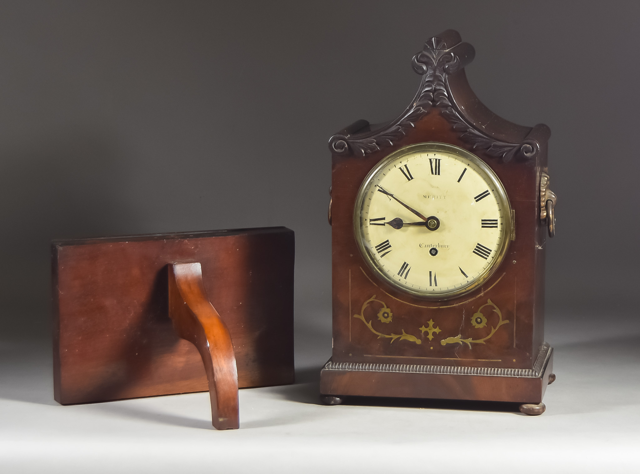 A 19th Century Mahogony Cased Bracket Clock by Meritt of Canterbury, the 6ins diameter cream domed