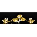 An 18ct Gold Pearl and Garnet Brooch with Matching Earrings, 20th Century, in the form of leaves,