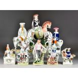 Two Staffordshire Pottery Equestrian Figures and Twelve Other Staffordshire Pottery Figures, 19th