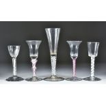 A Cordial Glass with Moulded Bowl Over Opaque Twist Stem on Conical Foot, 5.5ins, another with