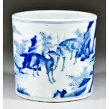 A Chinese Blue and White Porcelain Cylindrical Brush Pot, 20th Century, decorated with two deer in a