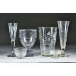 Six Various Glasses, 18th/19th Century, including - a wine flute with drawn trumpet bowl engraved