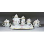 A Dresden Porcelain Tea For Two Cabaret Set, comprising - teapot and cover, two lidded teacups and