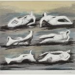 ***Henry Moore (1898-1986) - Lithograph in colours - Six reclining figures on a blue background, 9.