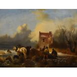 19th Century Dutch School - Oil painting - Frozen river landscape with figures and horses to