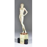 Josef Lorenzl (1892-1950) - Cold painted bronze figure of a standing woman in bathing suit, raised