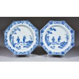 Two Chinese Blue and White Porcelain Octagonal Plates, Mid 18th Century, each painted with two