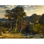 19th Century European School - Oil painting - River landscape with figure and trees to foreground,