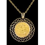 A 9ct Gold Mounted Sovereign Necklace, 20th Century, set with a George V 1918 sovereign coin in