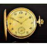 A 14ct Gold Full Hunting Cased Keyless Chronometer Pocket Watch, by BWC, case 46mm diameter, base