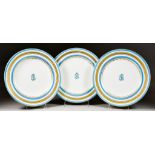 Six Minton Bone China Dinner Plates, circa 1873, each decorated with raised gilt detail and