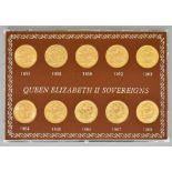 Ten Queen Elizabeth II Sovereigns, 1957 to 1968 (excluding 1960 and 1961), all fine