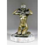 After Paul Ponsard (1882-1915) - Patinated bronze figure - "New Necklace" on circular marble base,