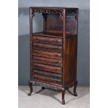A Chinese Rosewood Music Cabinet, with open shelf to top, fitted six drawers under, on short