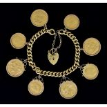 An 18ct Gold Chain Bracelet with Suspended Sovereign Coins, 18ct gold flat curb bracelet with 18ct
