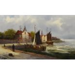 F Lohse - Oil painting - Village harbour scene with boats landing and figures on pier, signed,