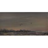 Robert Jobson (20th Century) - Oil painting - Wild fowl flying over a lake, signed, canvas 13ins x