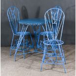 Three Blue Painted Wrought Iron Garden Chairs, with arched backs, stylised floral splats, circular