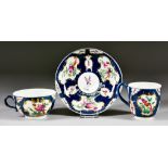 A Worcester Scale Blue Porcelain Matched Trio of Teacup, Coffee Cup and Saucer, Circa 1760-70,