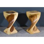 A Pair of Modern Hardwood Spiral Turned Pedestals, 11ins square x 20.5ins high