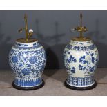 Two Chinese Blue and White Porcelain Baluster Vase Lamps, 19th Century, one decorated with lotus