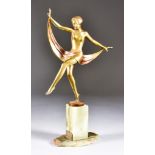 Josef Lorenzl (1892-1950) - Cold painted bronze figure of a nude dancer with scarf, raised on an