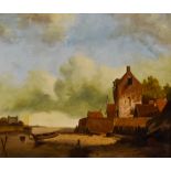A. D. Hillerman - Oil painting - Village harbour scene with figures gathered by building and