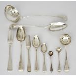 A Mostly Victorian Silver Old English Pattern Part Table Service, various makers and dates, but