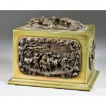 A French Brass and Bronzed Metal Rectangular Casket, 19th Century, applied with three panels