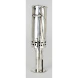 A Silvery Metal Cylindrical Travelling Heater, the hinged lid with swivel hook to interior, the