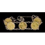 A Five Sovereign Bracelet, 9ct gold set with five sovereigns, 1896, 1906, 1892, 1903, and 1899, with