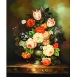 R. Rodin - Oil painting - Still life in the Dutch manner with vase of mixed flowers, signed in
