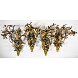 A Set of Four French Gilt Metal and Bronze Three Light Wall Lights, 19th Century, in the form of