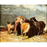 20th Century British School - Oil painting - A rural landscape, with a herd of horses preparing