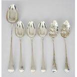 A George III Silver Gravy Spoon, a Pair of Berry Spoons and Three Tablespoons, the gravy spoon by