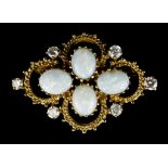 A 9ct Gold Opal and Diamond Brooch, 20th Century, set with four opals, approximately 6mm x 8mm each,