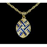 An 18ct Gold Sapphire and Diamond Oval Pendant and Chain, Modern, the pendant mounted with faceted