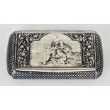 A Russian Silvery Metal and Niello Work Snuff Box , marks indistinct, the lid decorated with
