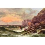 John Mundell (1818-1875) - Pair of oil paintings - Rocky cove with figures gathering nets bringing