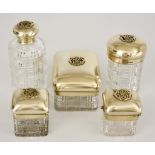 Three Victorian Silver Gilt Mounted and Cut Glass Dressing Table Jars, an Inkwell and a Match