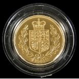 A Queen Elizabeth II Golden Jubilee Gold Proof Sovereign, 2002, in Royal Mint wood effect