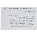 Sir Alec Guinness (1914-2000) - handwritten note to Peter Cushing on headed note card, signed and