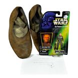Peter Cushing's Slippers and Star Wars Action Figure, one pair of tan suede slip-on slippers, size