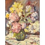 Peter Cushing (1913-1994) - Oil painting - Still life, flowers in a vase, signed, board, 13.5ins x