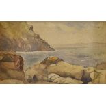 Peter Cushing (1913-1994) - Watercolour - Coastal scene with rocky crag and rocks to foreground -