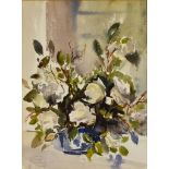 Peter Cushing (1913-1994) - Watercolour - Still life, white roses in a blue bowl, signed, 11ins x