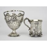 A Victorian Silver Sugar Basket and an Octagonal Panelled Christening Mug, the sugar basket by